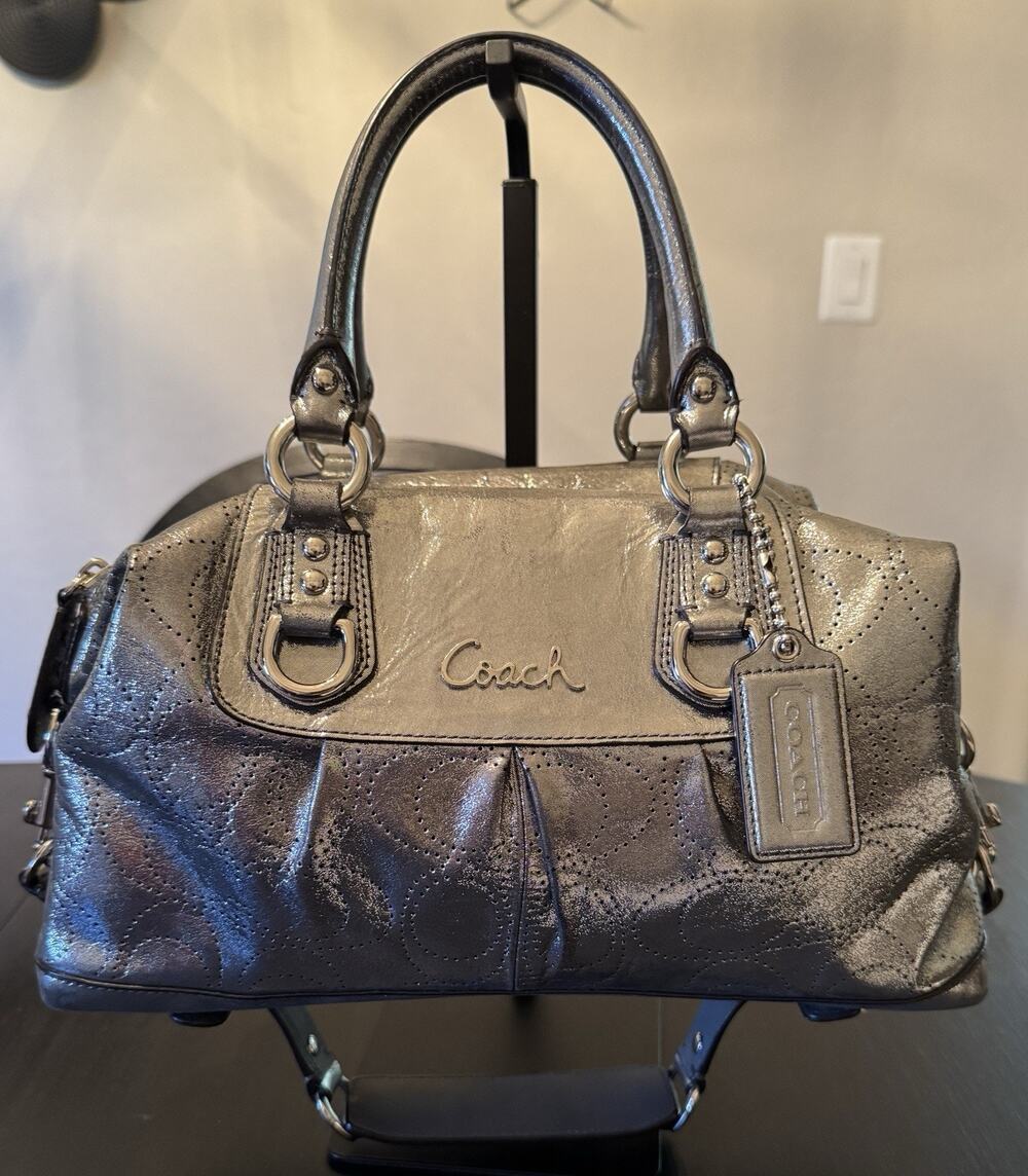Coach Ashley F17130 Metallic Gunmetal Silver Perforated Leather Satchel Y2K Mint
